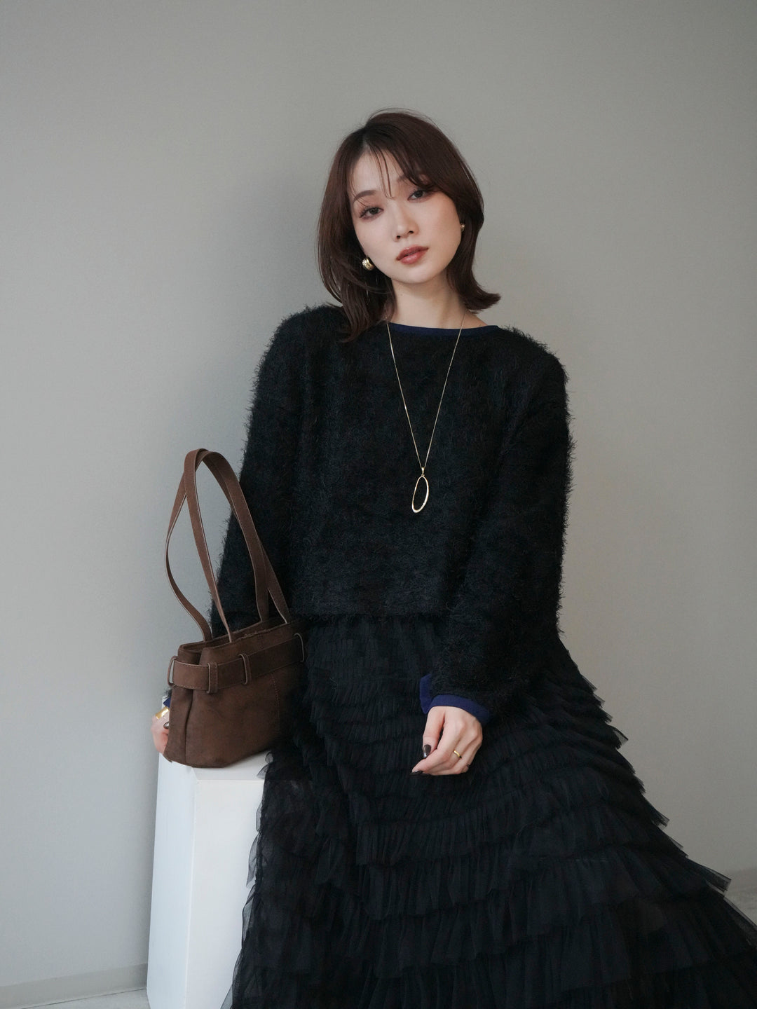 [予約]バイカラー2WAYシャギーニットカーディガン/black