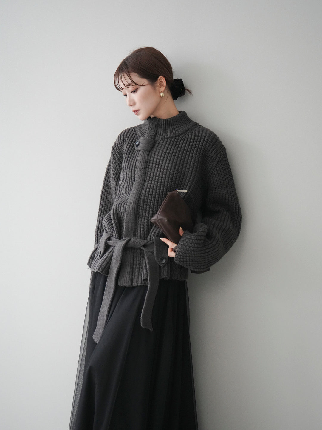 [予約]畦編みボトルネックZIPニットカーディガン/ gray