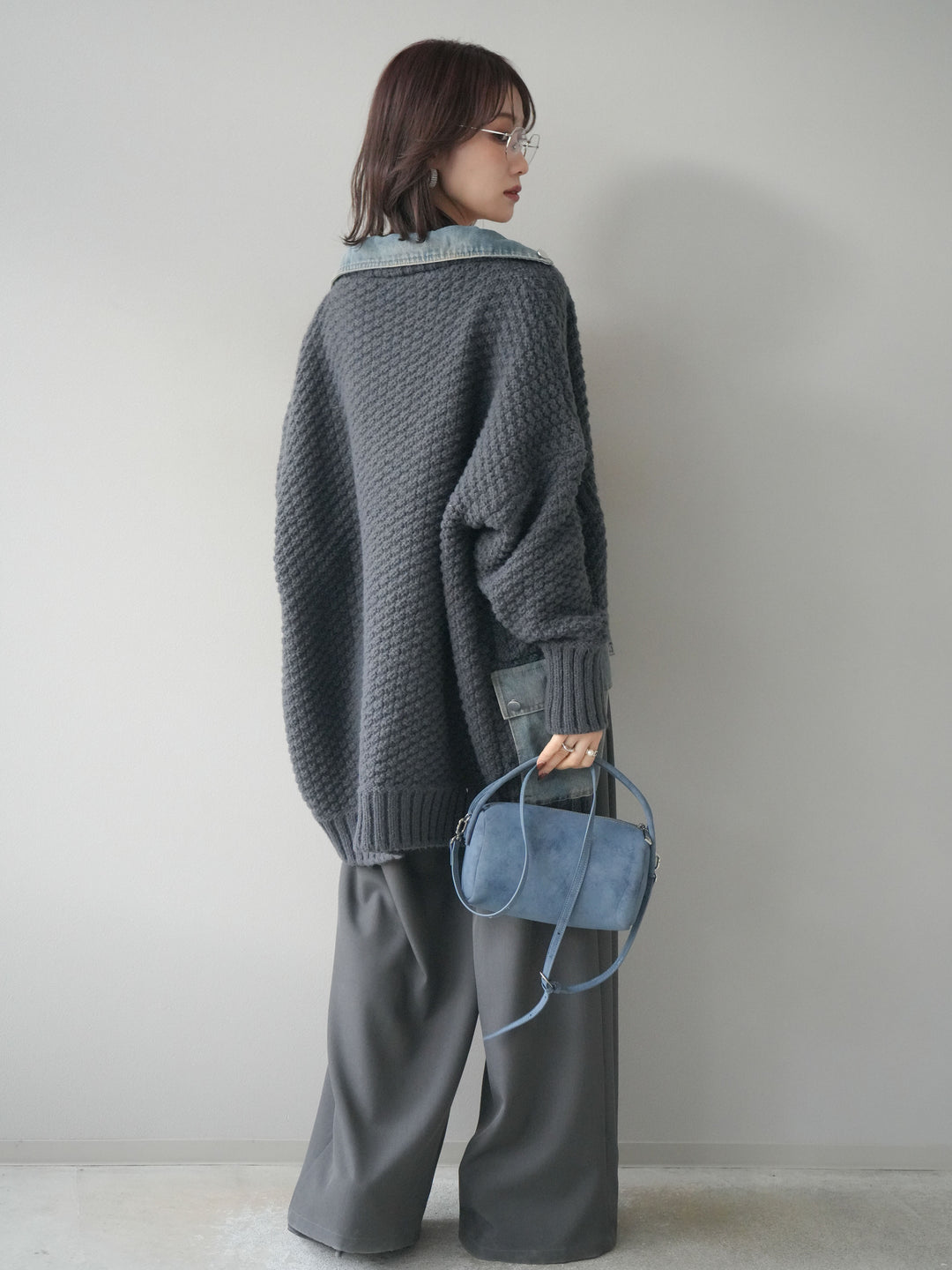 [SET]デニム襟レイヤードニットジャケット+ベルトループデザインワイドパンツ(2set)