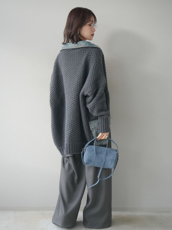 [SET]デニム襟レイヤードニットジャケット+ベルトループデザインワイドパンツ(2set)