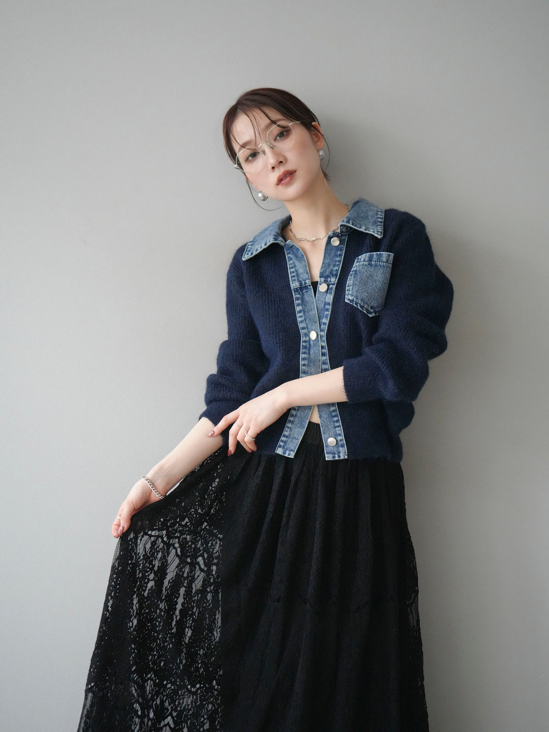 [予約]デニム襟ポケットニットカーディガン/navy