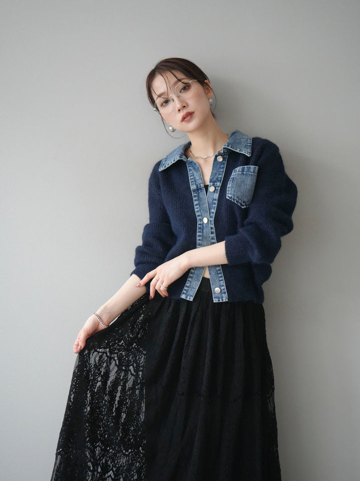 [予約]デニム襟ポケットニットカーディガン/navy