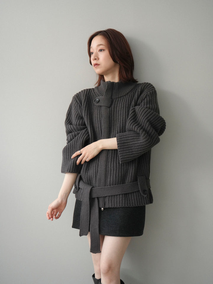 [予約]畦編みボトルネックZIPニットカーディガン/ gray