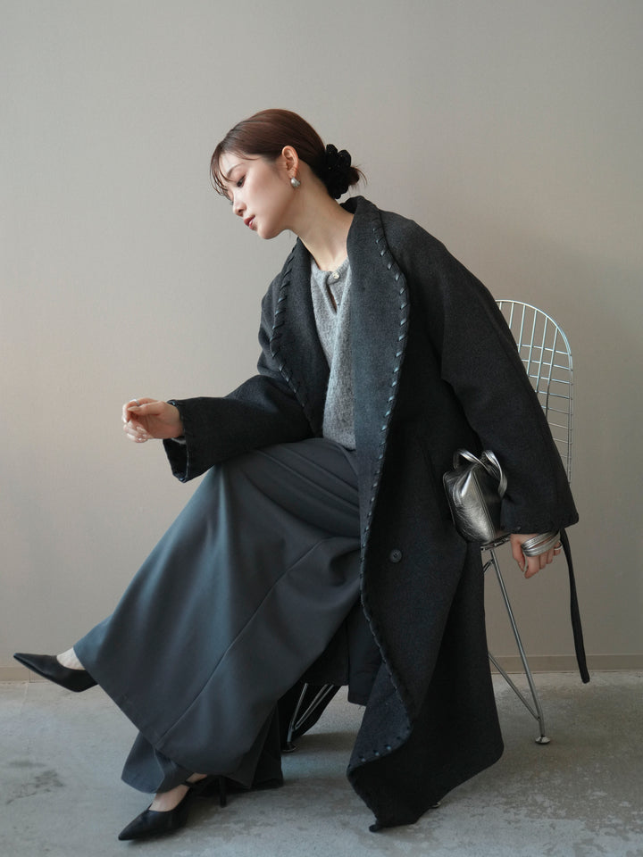 [予約]ハンドステッチ裏中綿ロングコート/charcoal