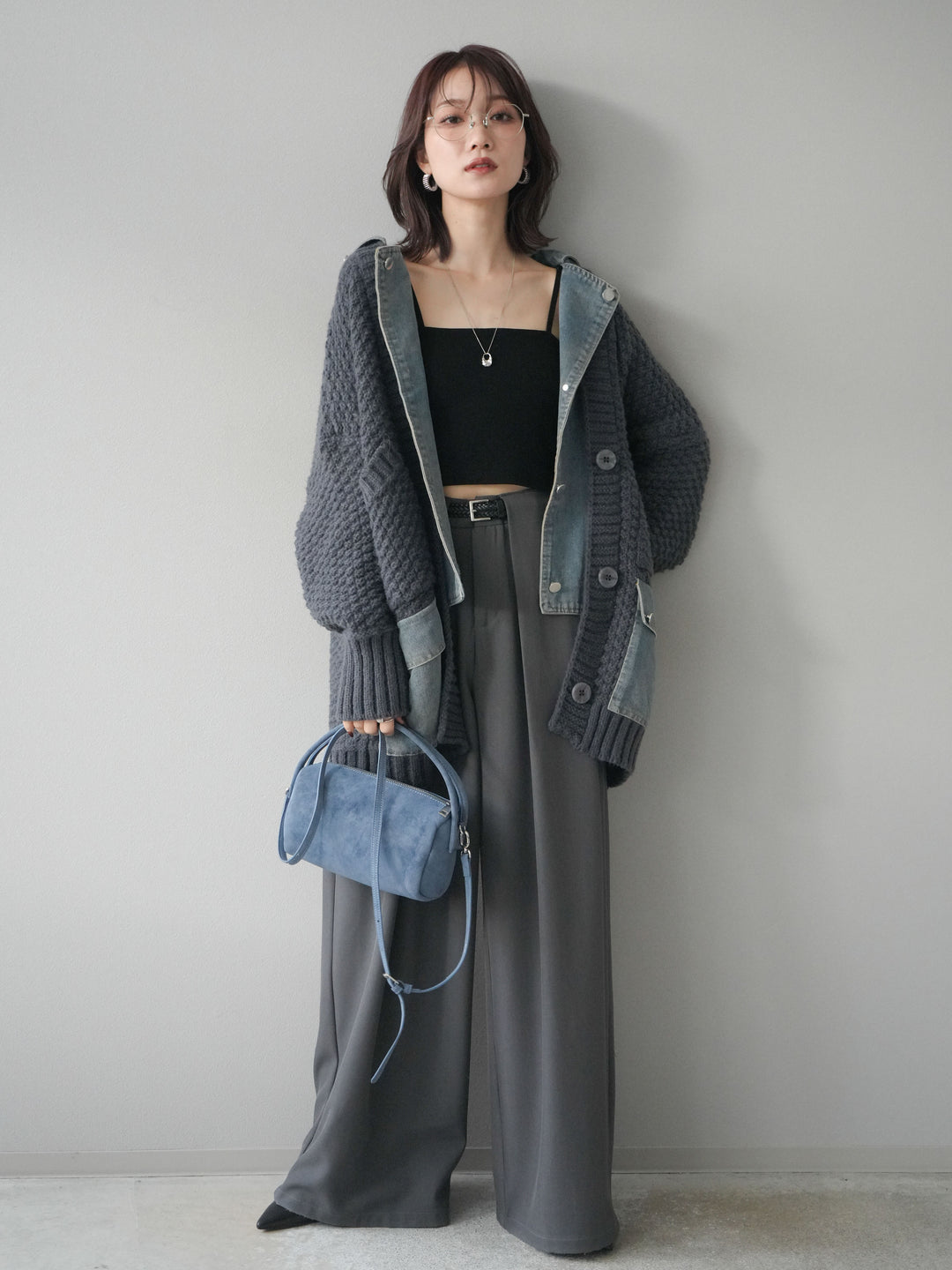 [SET]デニム襟レイヤードニットジャケット+ベルトループデザインワイドパンツ(2set)