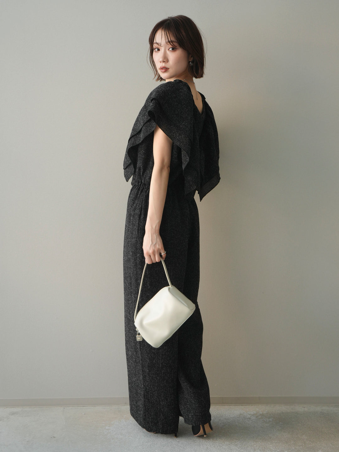 [SET]3WAYミックスツイードギャザーオールインワン+選べるアクセセット(2set)