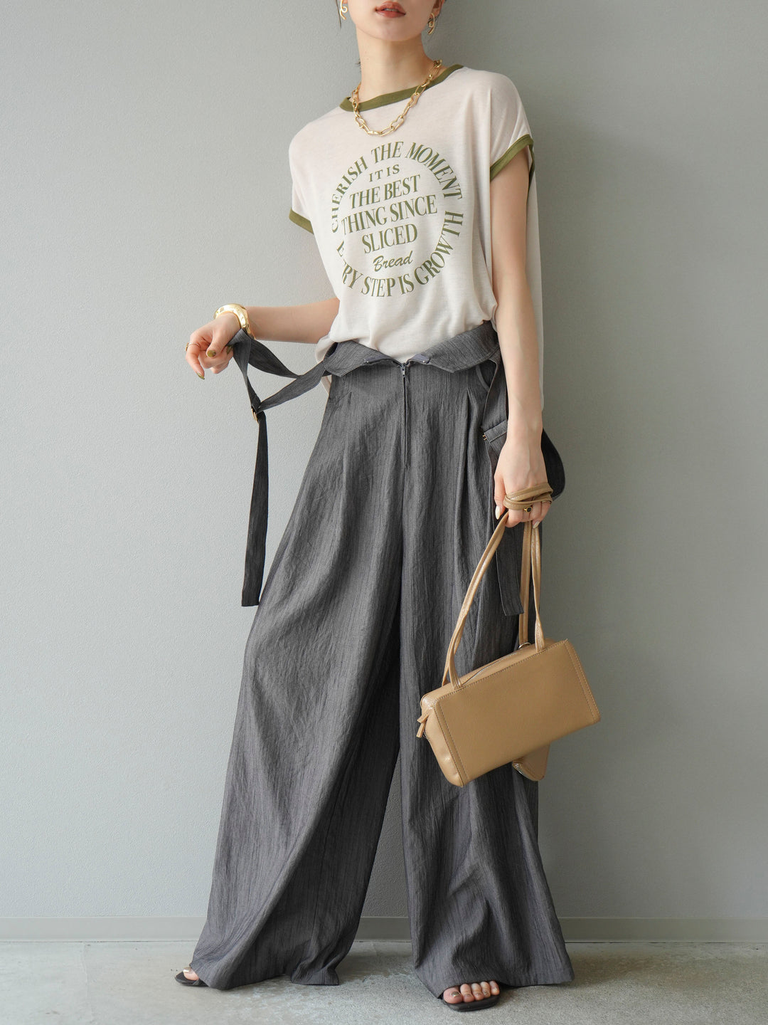 [予約]ストリングデザインハイウエストサロペット/チャコール