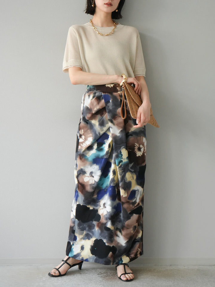 [SET]リネンタッチ配色二重臼ハーフニットトップス+選べるアソート柄スカートセット(2set)