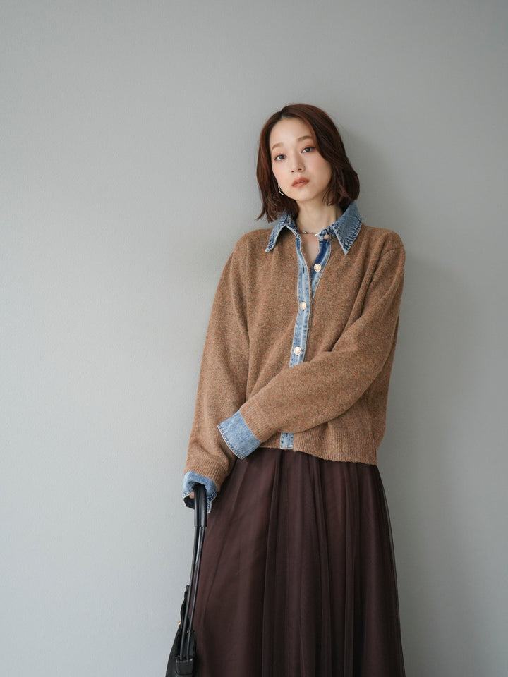 【預購】牛仔領紐扣針織開襟衫/駝色