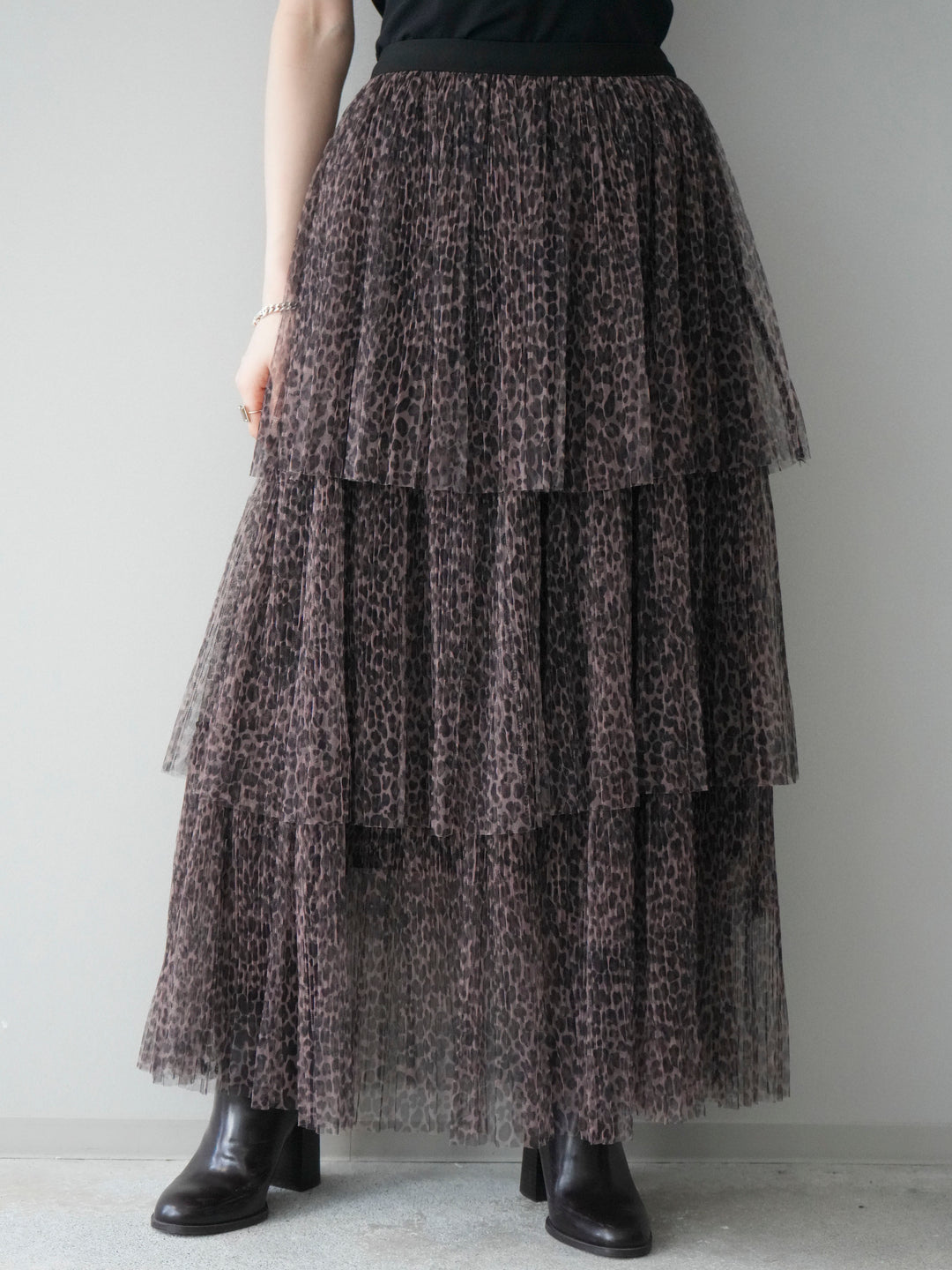 [予約]レオパード柄チュールフリルスカート/brown
