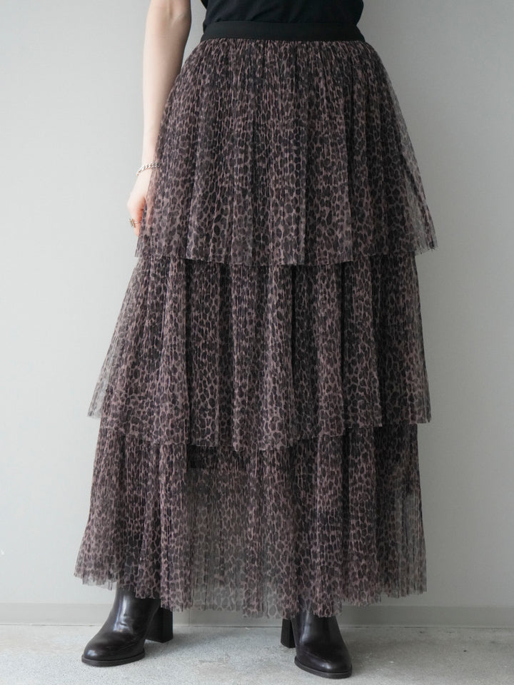 [予約]レオパード柄チュールフリルスカート/brown