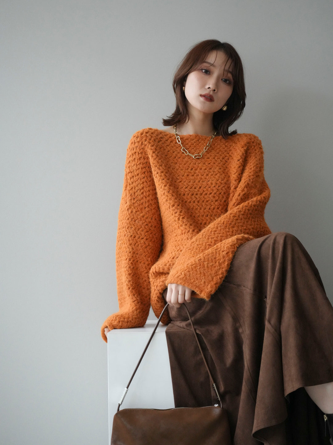 [予約]ワッフル編みオーバーニットプルオーバー/mustard