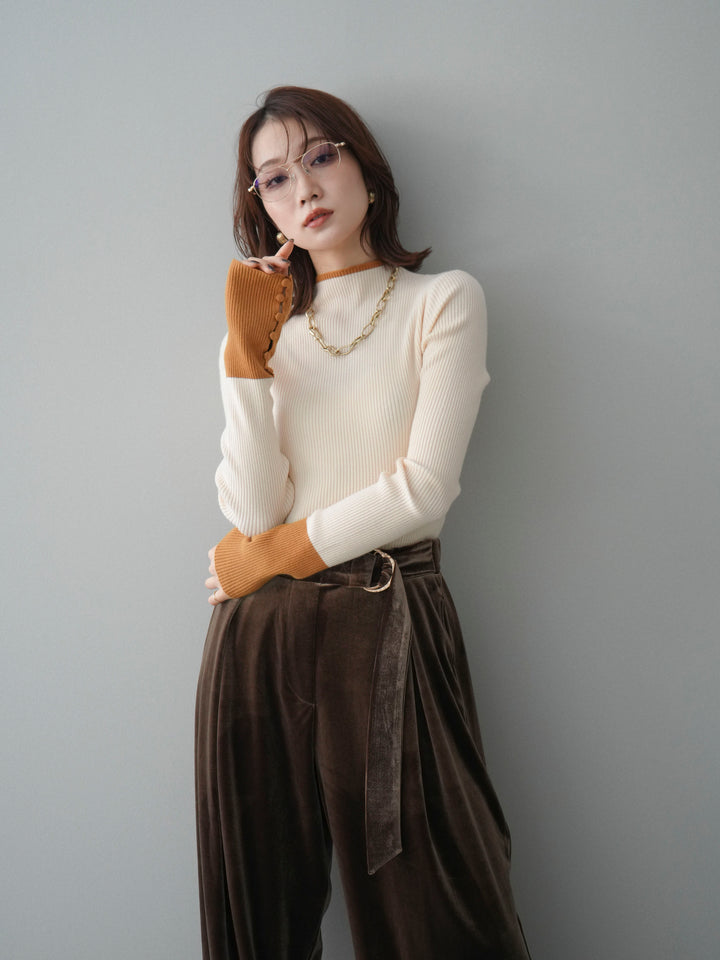 [SET]袖ボタンハイネック配色リブニットトップス+選べるアクセセット(2set)