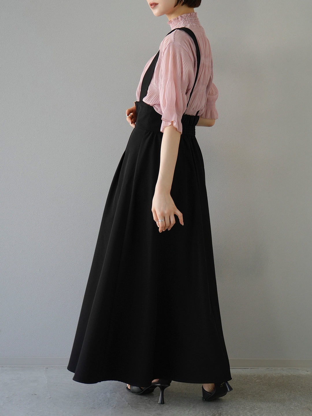 [SET] Shirring chiffon half sleeve blouse + 2WAY flare jumper skirt (2set)