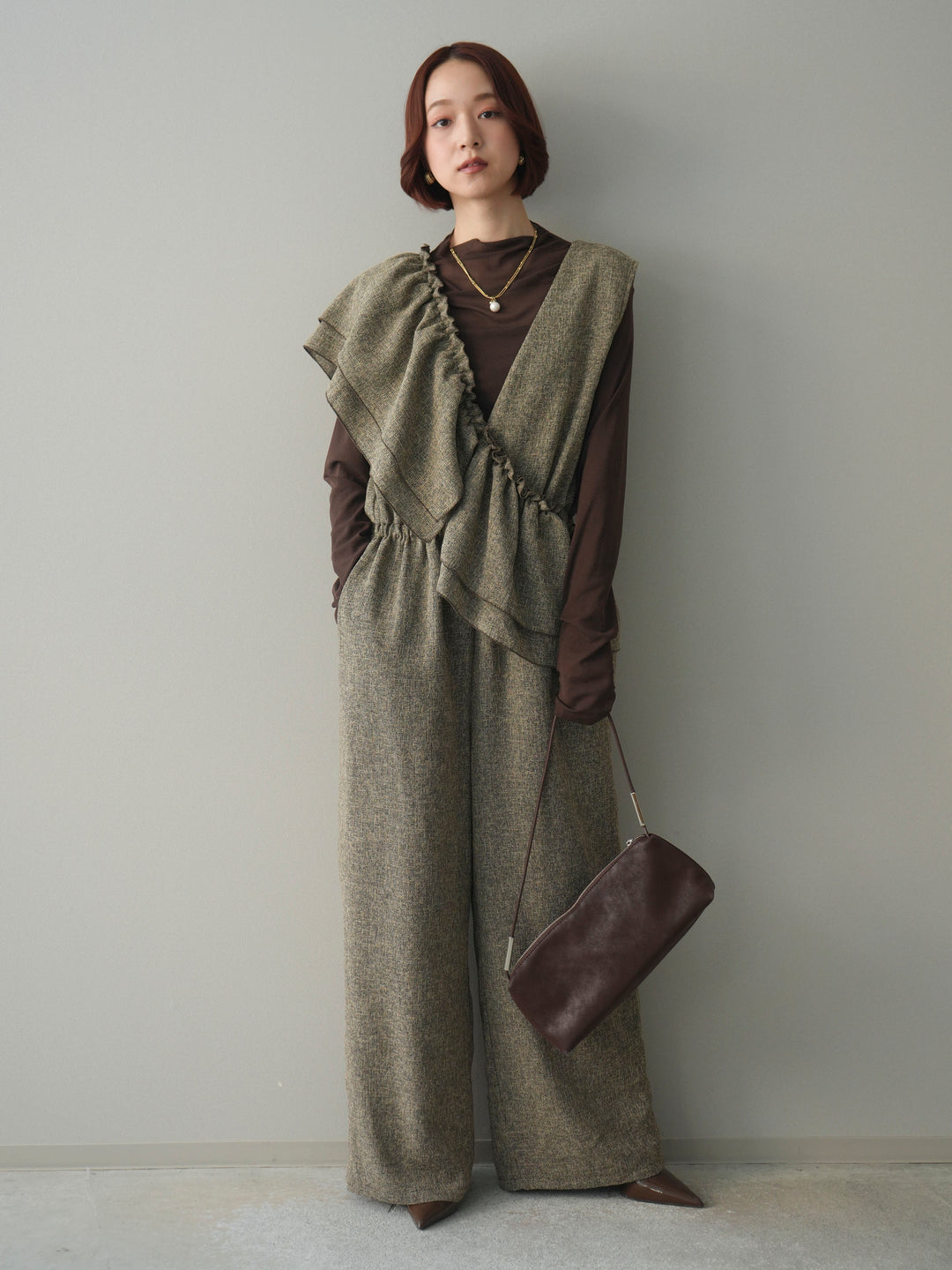 [SET]3WAYミックスツイードギャザーオールインワン+シアープチネックストレッチトップス(2set)