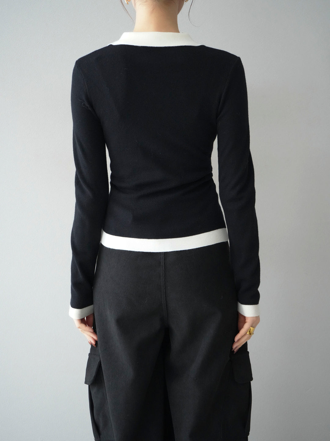 [予約]レイヤード配色ポロニットトップス/black