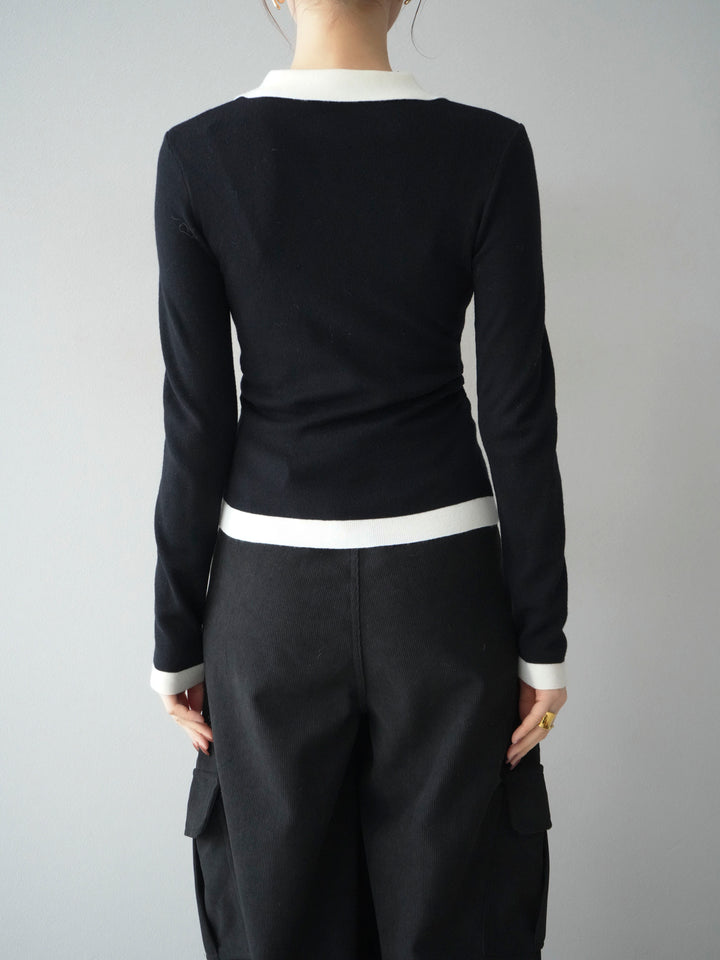 [予約]レイヤード配色ポロニットトップス/black