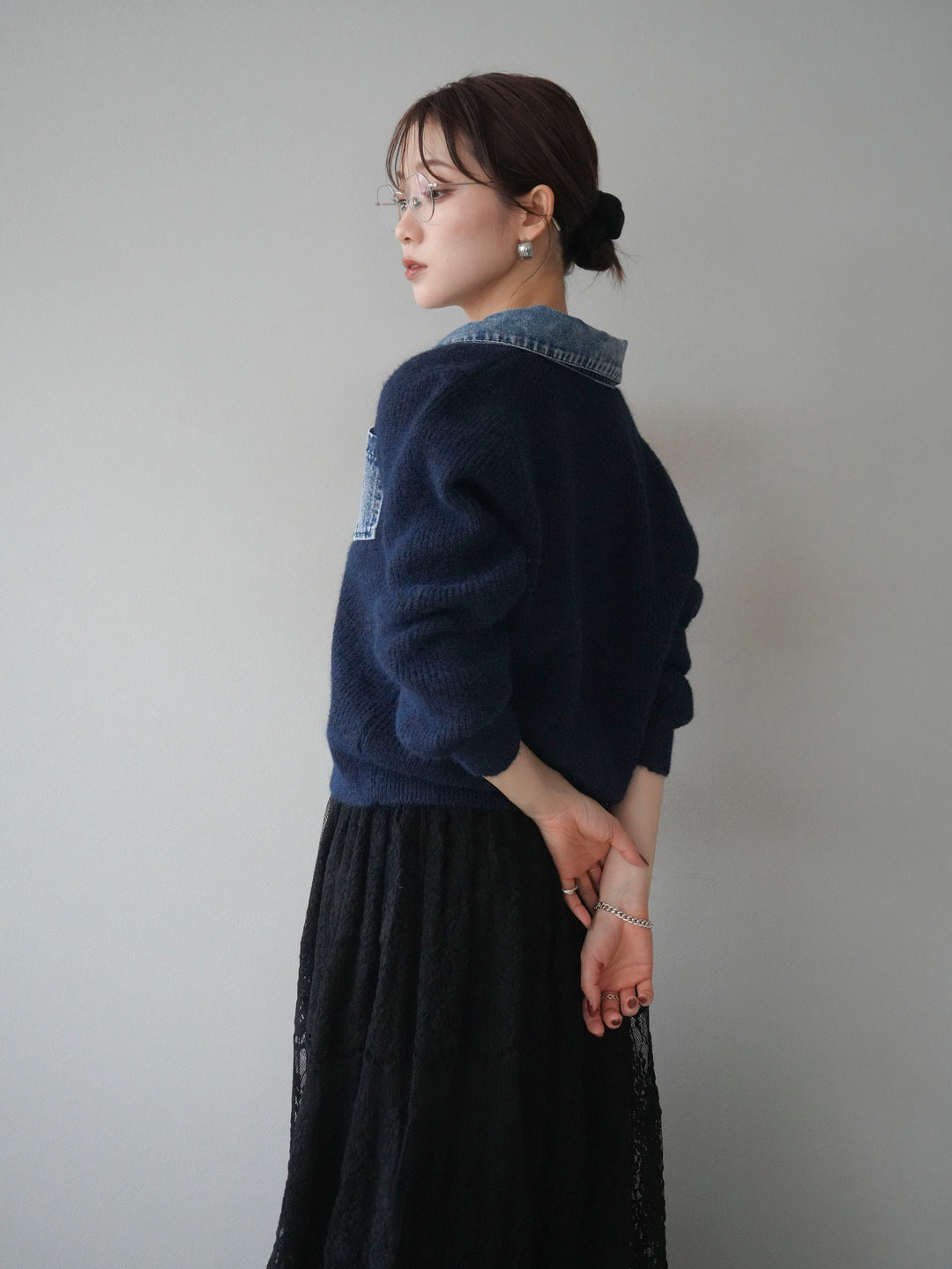 [予約]デニム襟ポケットニットカーディガン/navy