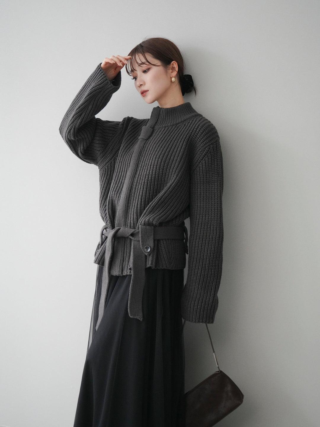 [予約]畦編みボトルネックZIPニットカーディガン/ gray