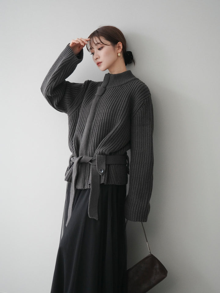 [予約]畦編みボトルネックZIPニットカーディガン/ gray