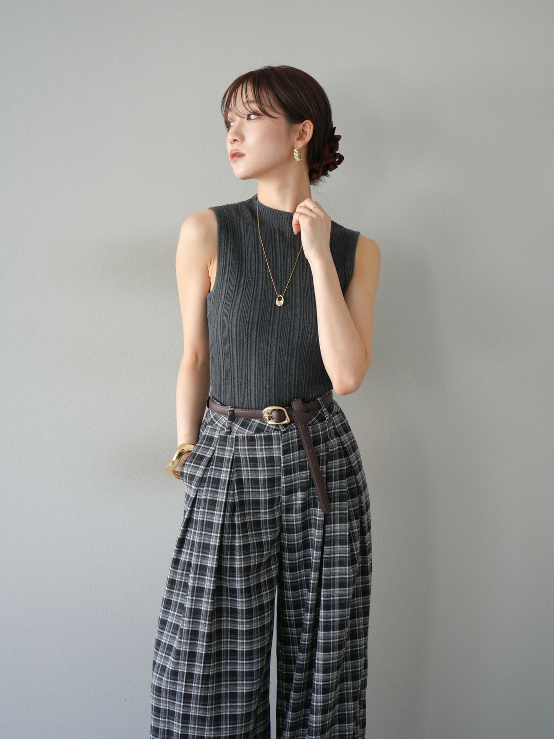 [予約]スリーブレスランダムリブニットトップス/グレー