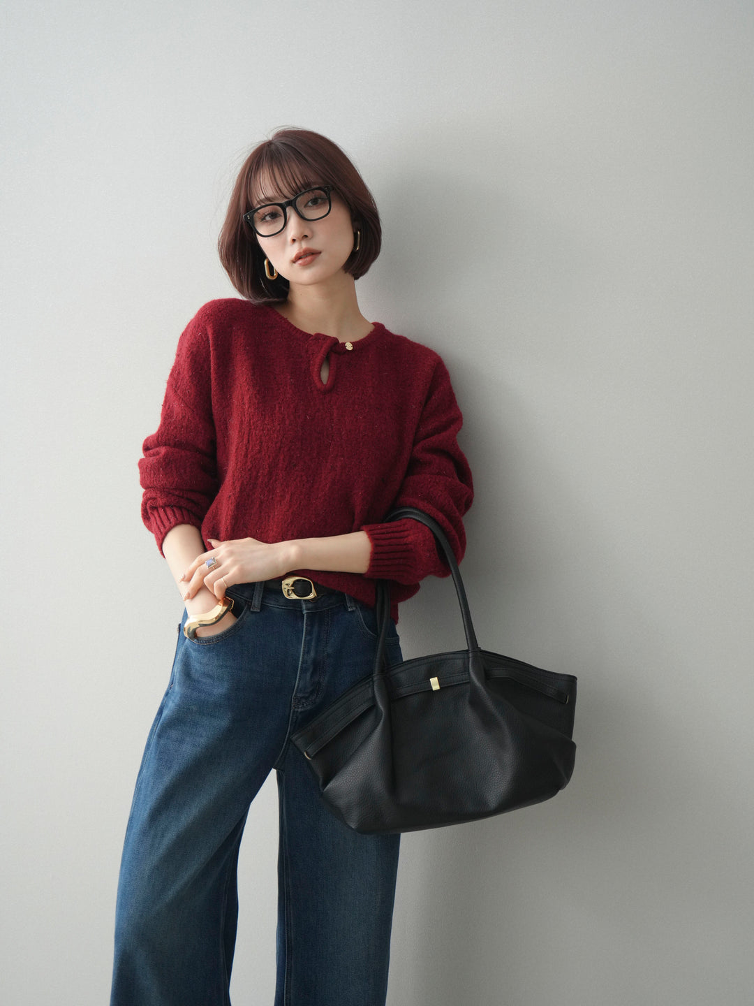 [SET]ツイストネックラメネップヤーンニットプルオーバー+選べるアクセセット(2set)