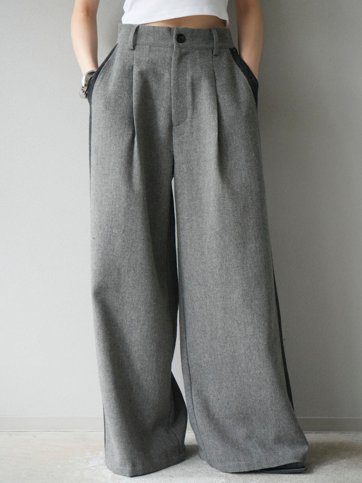 【預購】粗花呢側色寬褲/灰色