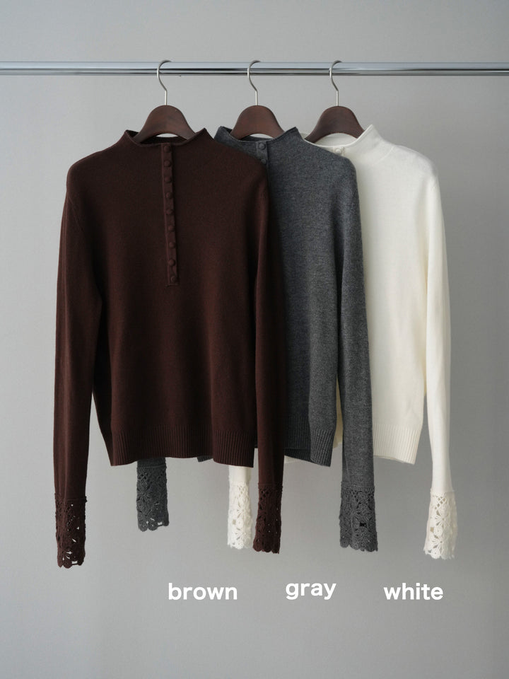 [SET]袖スカラップレースフロントボタンウールニットトップス+袖スカラップレースフロントボタンウールニットトップス(2set)