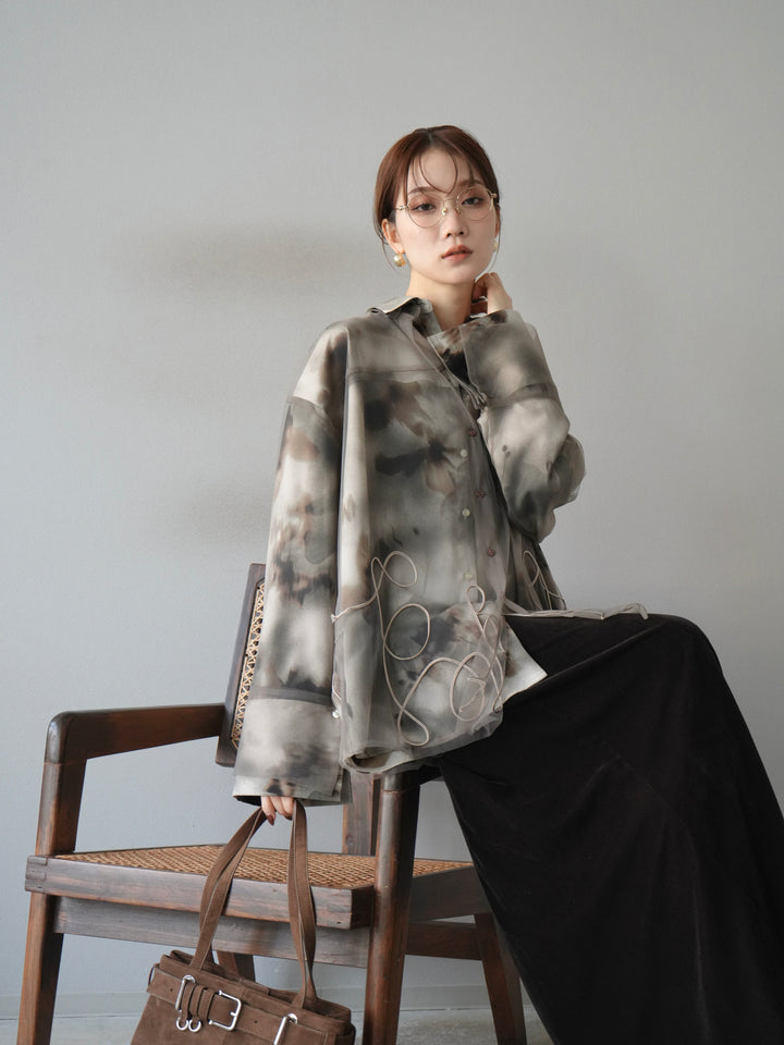 [SET]コード刺繍チュールシャツ＆ニュアンス柄シャツアンサンブル+ベロアナロースカート(2set)