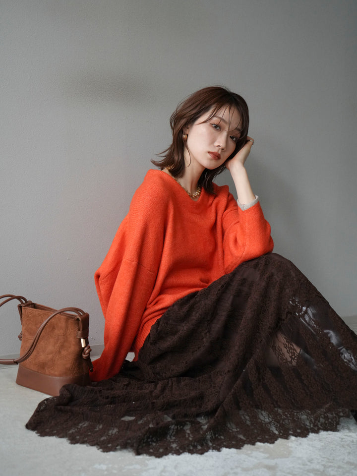 [SET]Vネック配色スリーブニットプルオーバー+選べるアクセセット(2set)