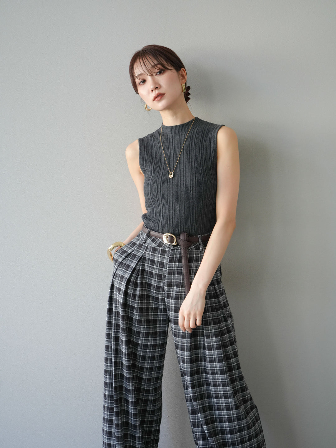 [予約]スリーブレスランダムリブニットトップス/グレー