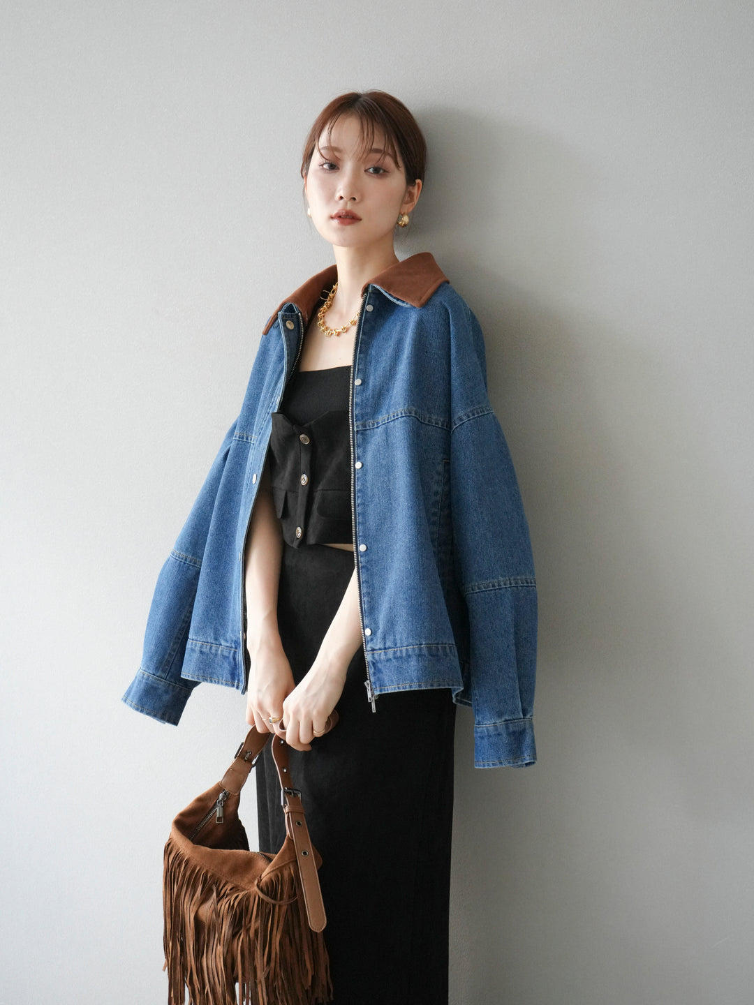 [予約]スウェード襟切替デニムブルゾン/ブルー