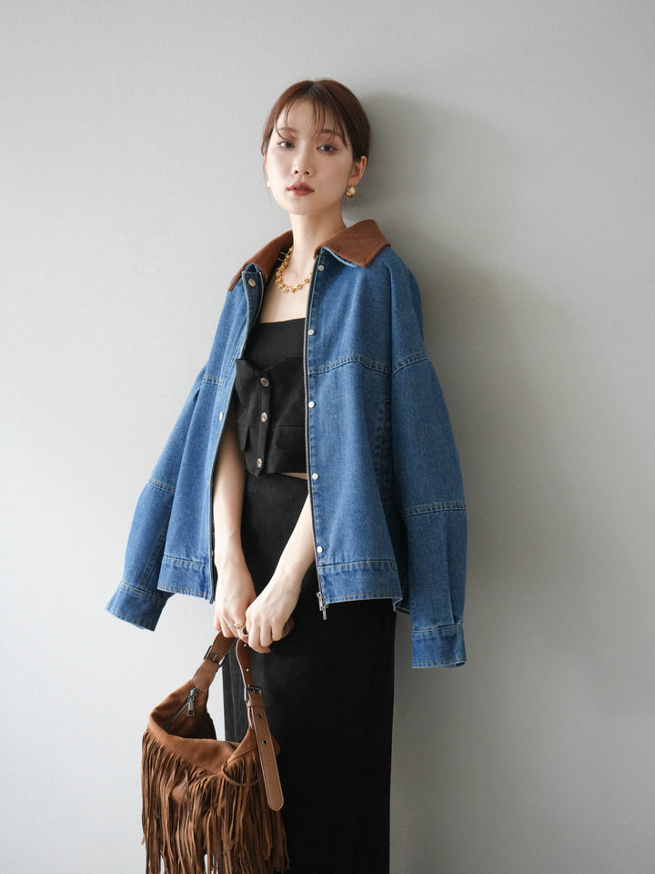 [予約]スウェード襟切替デニムブルゾン/ブルー