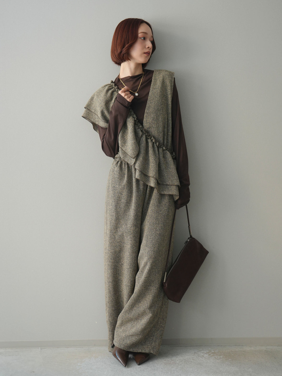 [SET]3WAYミックスツイードギャザーオールインワン+シアープチネックストレッチトップス(2set)