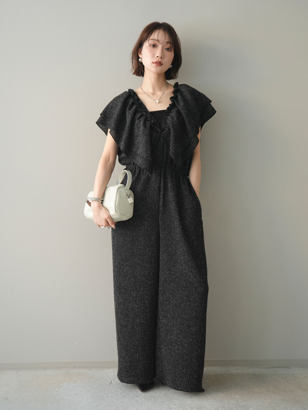 [SET]3WAYミックスツイードギャザーオールインワン+選べるアクセセット(2set)