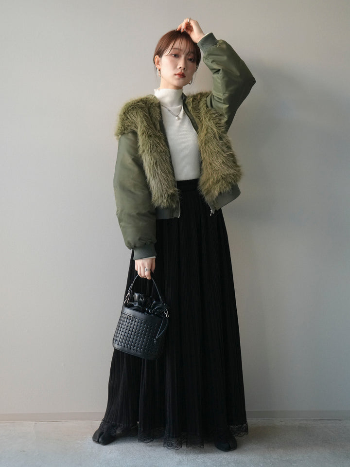 [SET]ファードッキングMA-1+袖ボタンボトルネックリブニットトップス+裾レーススウェードプリーツマキシスカート(3set)