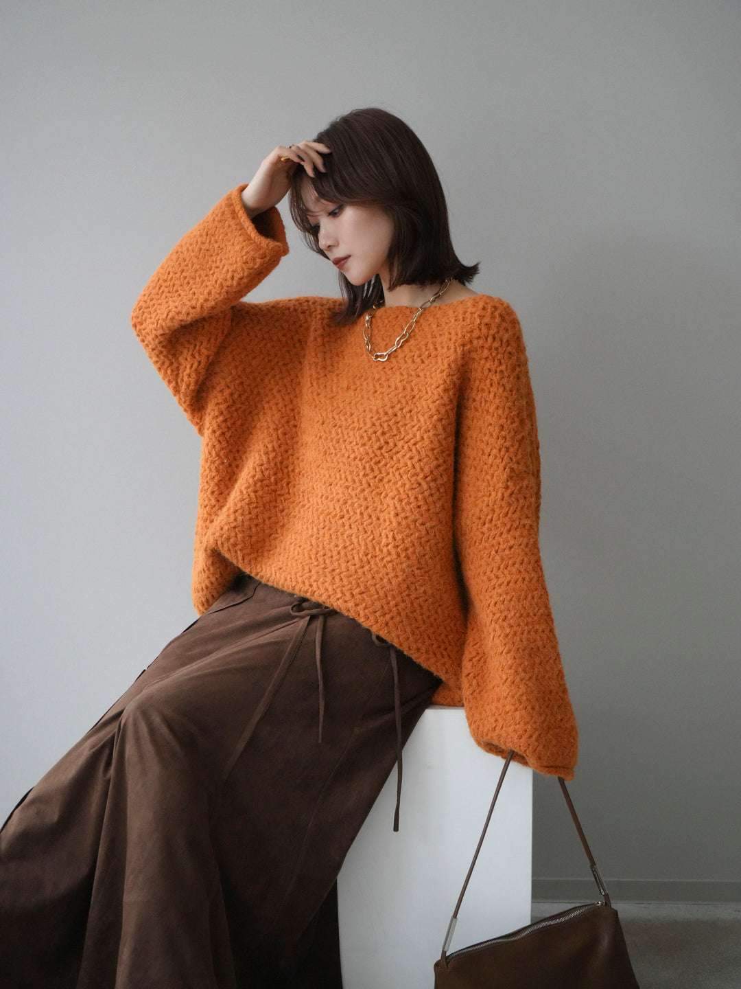 [予約]ワッフル編みオーバーニットプルオーバー/mustard