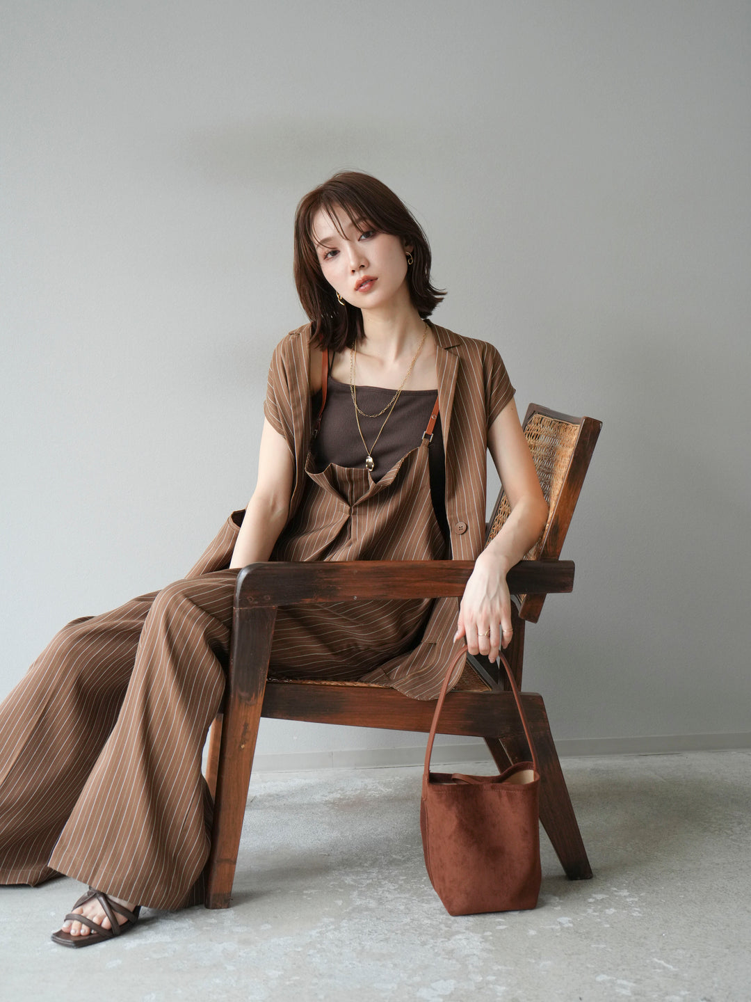 【着回しセット】[SET]ヘリンボーンストライプジレ+シアー切替ベロアトップス+ヘリンボーンストライプサロペット(3set)