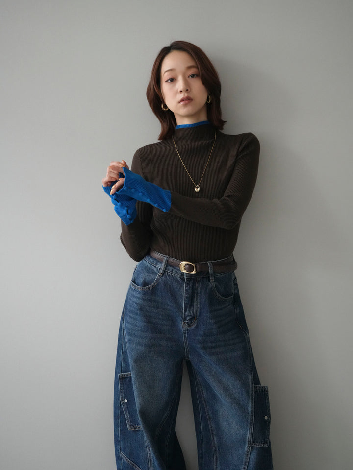 [予約]袖ボタンハイネック配色リブニットトップス/brown