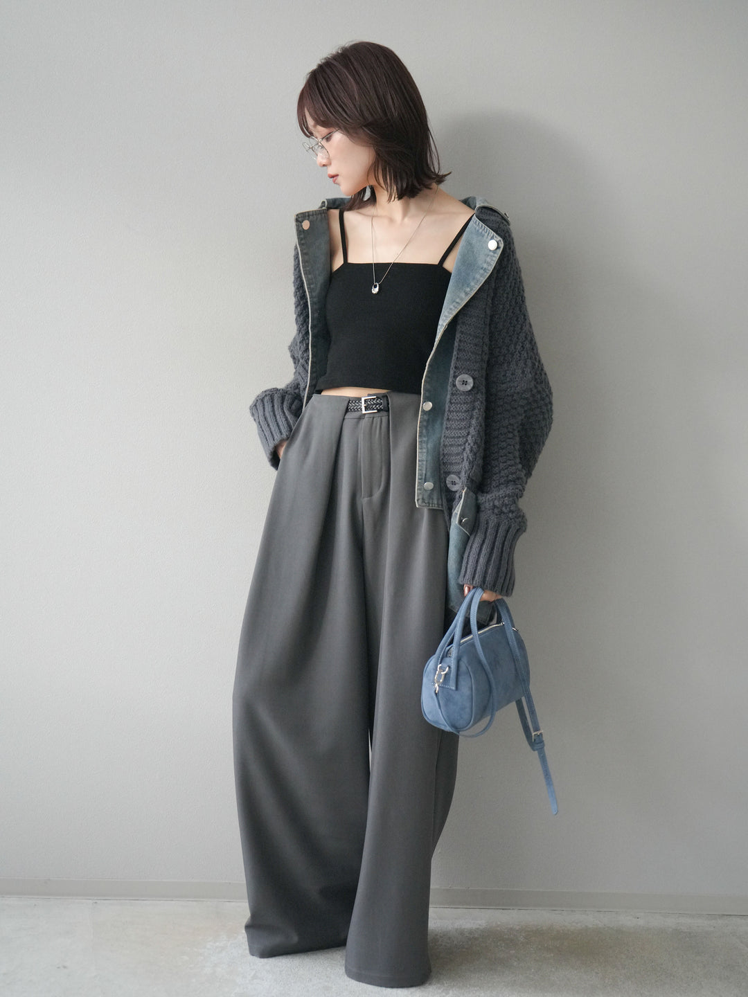 [SET]デニム襟レイヤードニットジャケット+ベルトループデザインワイドパンツ(2set)