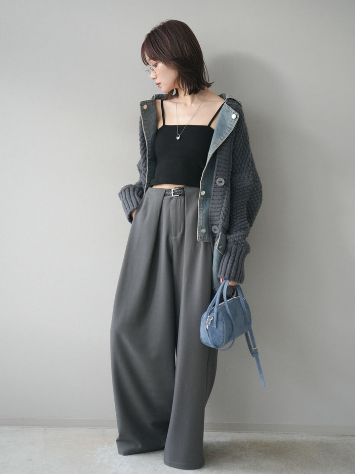 [SET]デニム襟レイヤードニットジャケット+ベルトループデザインワイドパンツ(2set)