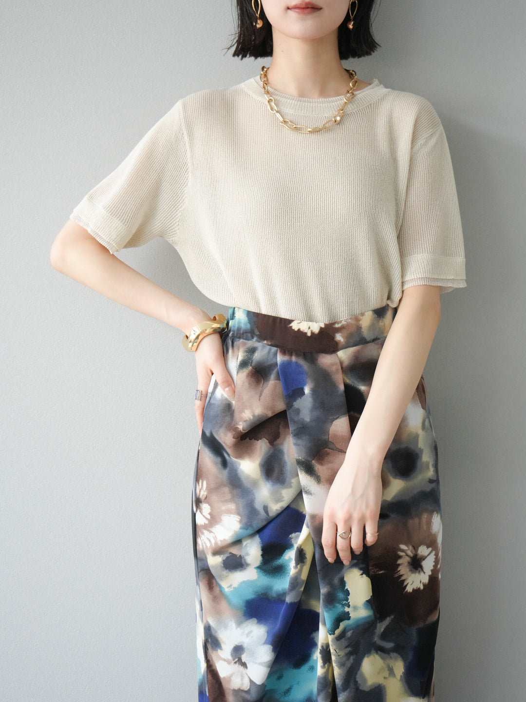 [SET]リネンタッチ配色二重臼ハーフニットトップス+選べるアソート柄スカートセット(2set)