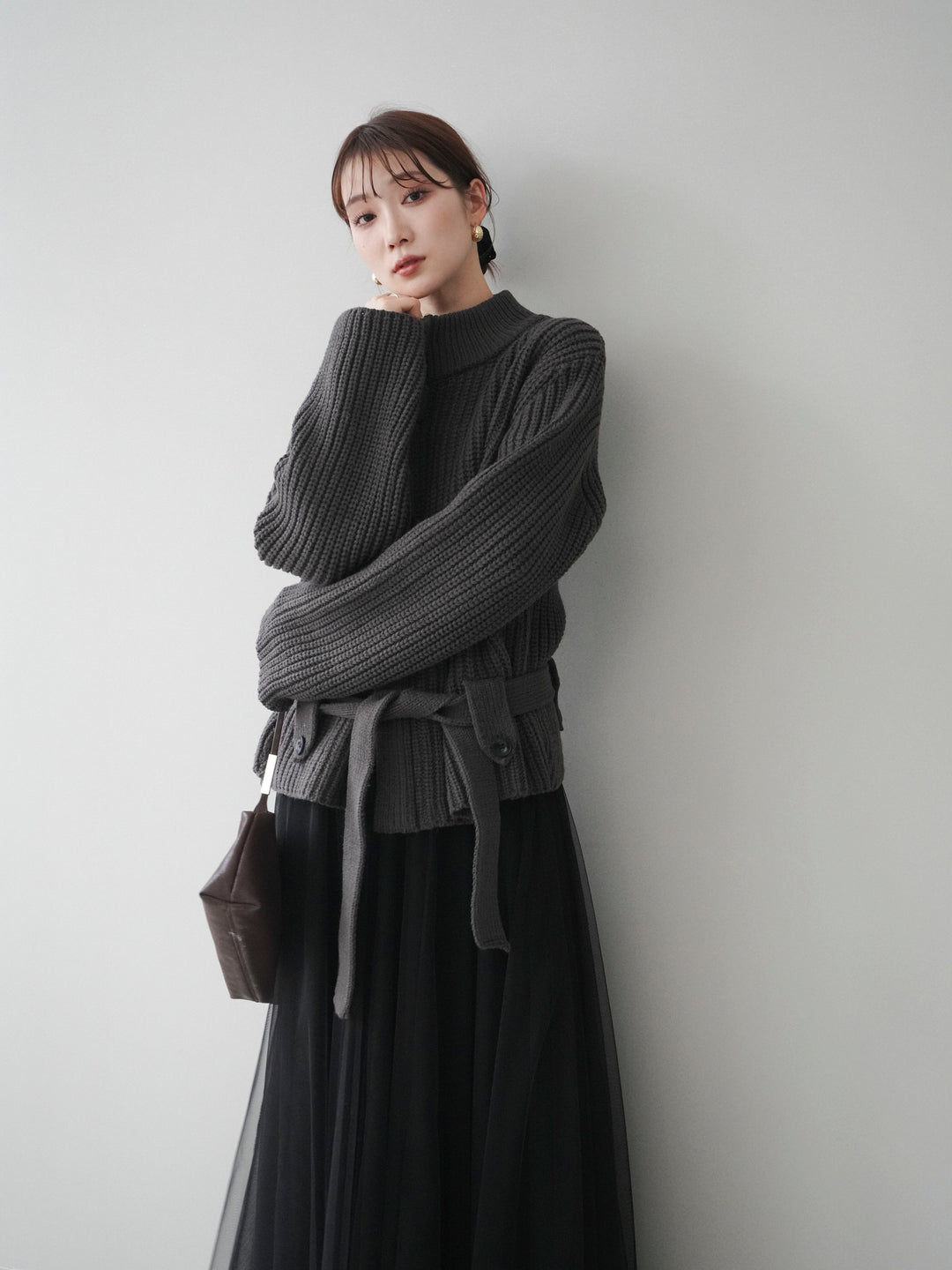 [予約]畦編みボトルネックZIPニットカーディガン/ gray