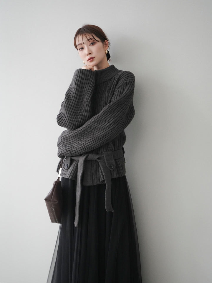 [予約]畦編みボトルネックZIPニットカーディガン/ gray