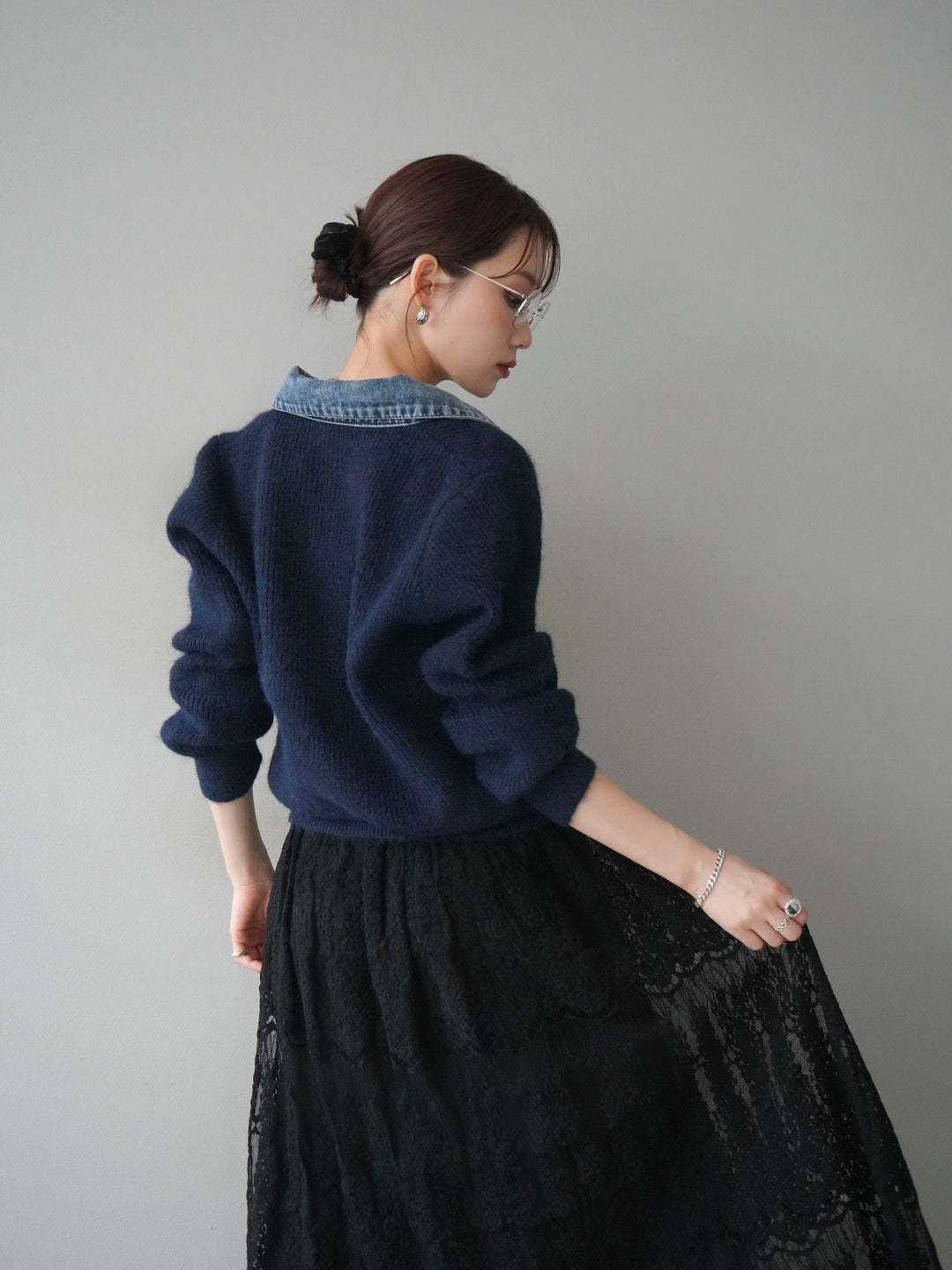 [予約]デニム襟ポケットニットカーディガン/navy