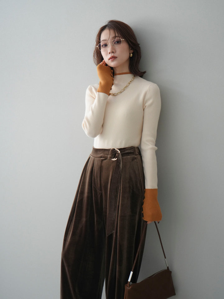 [予約]袖ボタンハイネック配色リブニットトップス/ivory