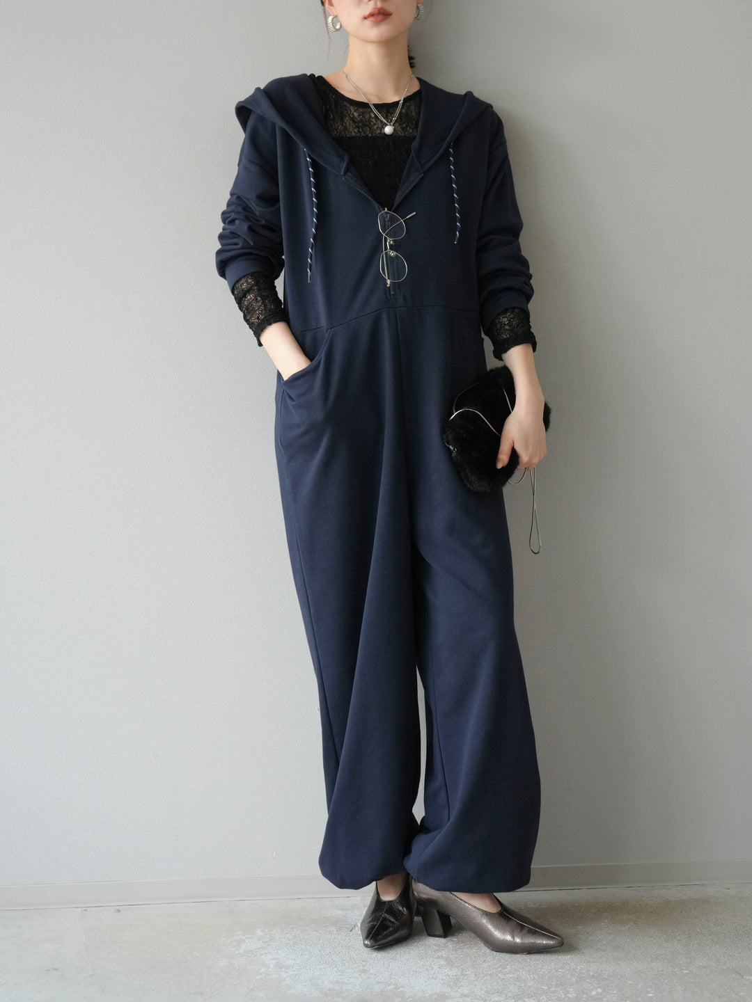 [予約]ミニ裏毛フーディージャンプスーツ/ダークネイビー