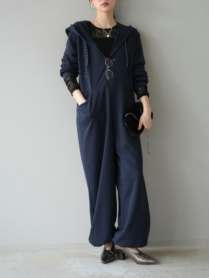 [予約]ミニ裏毛フーディージャンプスーツ/ダークネイビー
