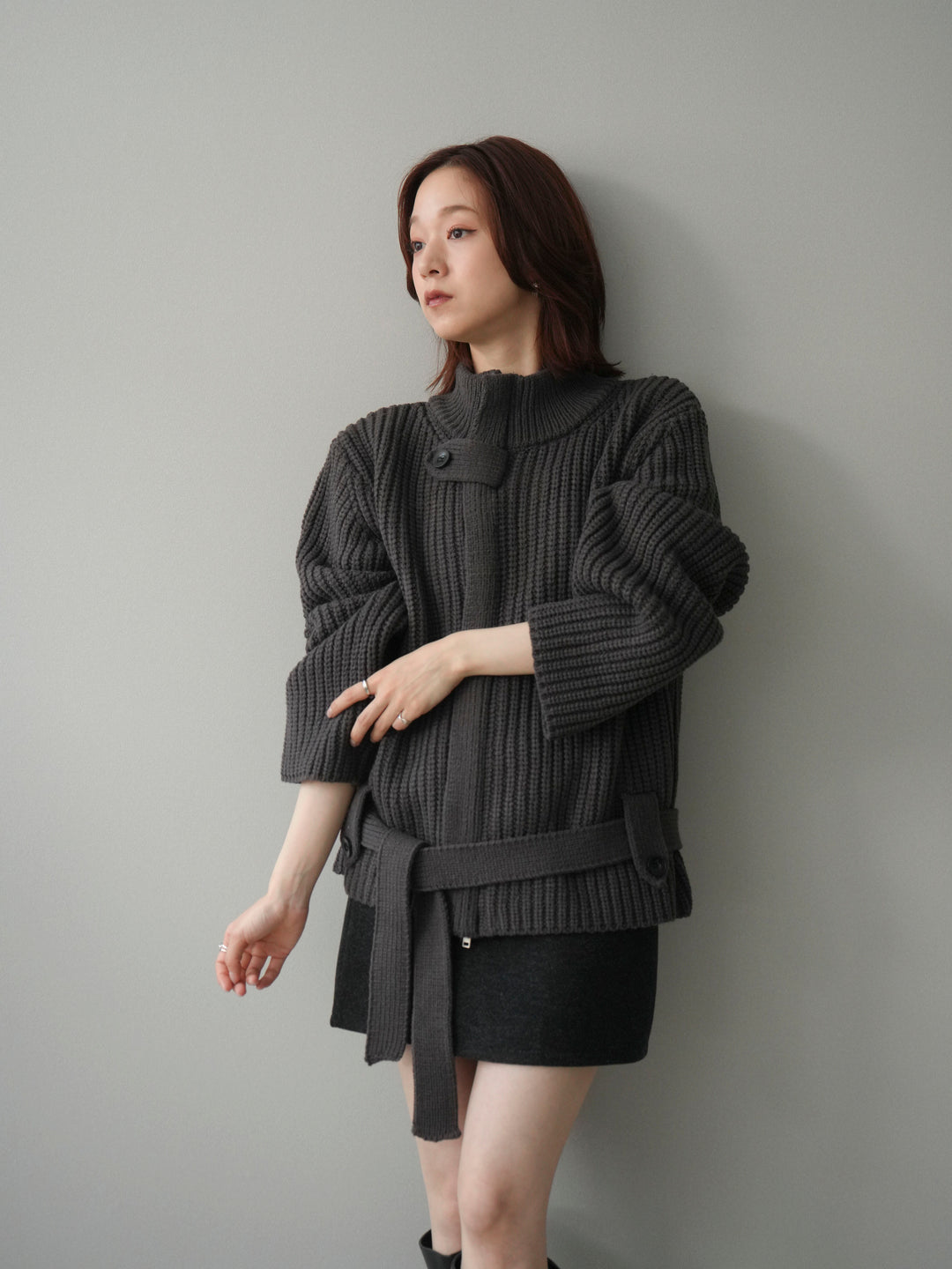 [予約]畦編みボトルネックZIPニットカーディガン/ gray