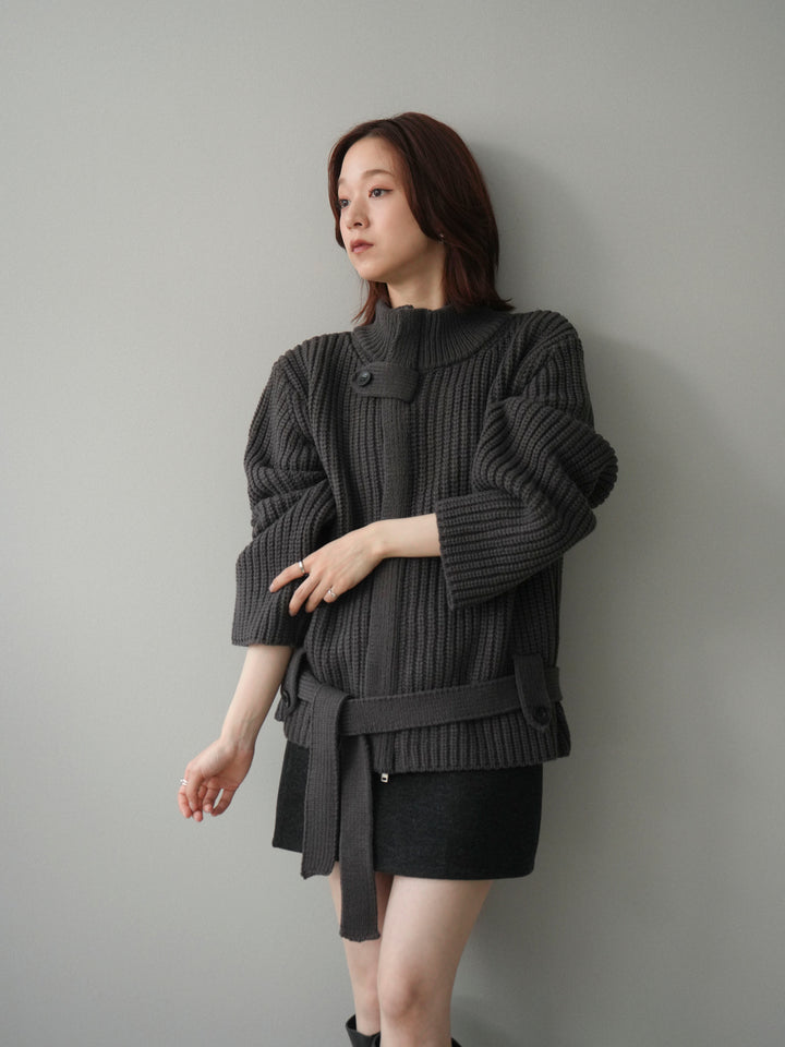 [予約]畦編みボトルネックZIPニットカーディガン/ gray